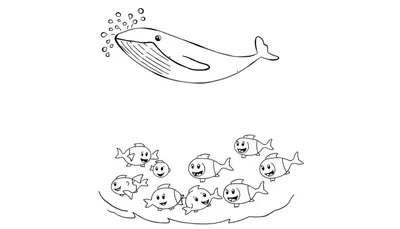 Dessin au trait d'une baleine soufflant de l'eau avec des poissons