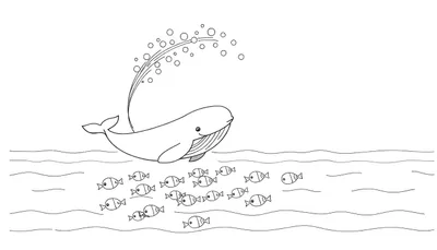 Dessin au trait noir et blanc d'une baleine soufflant de l'eau entourée de poissons.