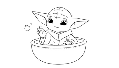 Dessin au trait noir et blanc d'un personnage de dessin animé ressemblant à bébé Yoda, assis dans une capsule en forme de bol, avec une petite créature ronde à ses côtés.