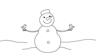Dessin à colorier d'un bonhomme de neige avec un chapeau, un nez en carotte, deux boutons sur son ventre, et des oiseaux sur ses bras, sur un fond blanc.