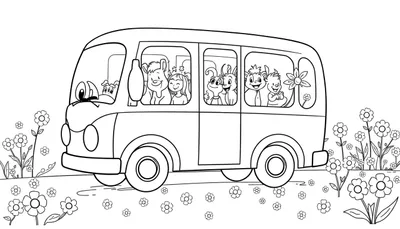 Un bus rempli d'animaux (ours, lapins, chiens) regardant par les fenêtres, roulant sur une route bordée de fleurs. Image noir et blanc pour coloriage.