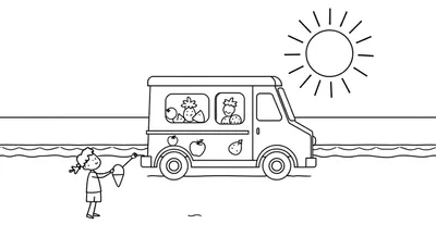 Coloriage d'un camion de glaces aux fruits et d'une petite fille avec un cornet de glace, devant la mer sous un soleil radieux.