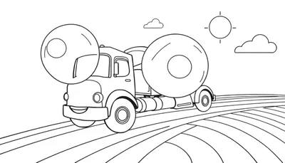 Coloriage d'un camion jouet pour enfant avec de grandes roues, sur une route ensoleillée avec un nuage.