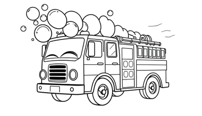 Dessin au trait d'un camion de pompiers avec des bulles de savon sur le toit, style dessin animé.