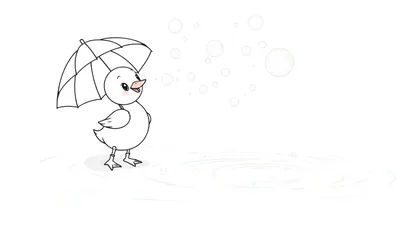 Un canard de dessin animé joyeux avec un parapluie souffle des bulles sur une surface d'eau avec des ondulations.