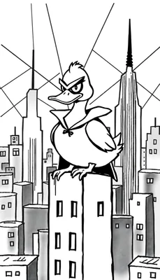 Coloriage d'un canard super vilain avec une cape et un masque sur un toit d'immeuble dans une ville.