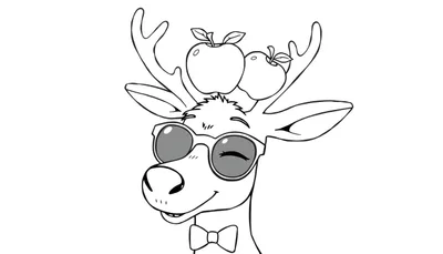 Dessin en noir et blanc d'un cerf portant des lunettes de soleil, un nœud papillon et deux pommes sur sa tête, prêt à être colorié.