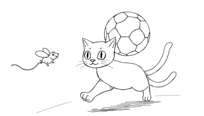 Coloriage d'un chat avec un ballon de foot sur la tête et une souris qui court à côté.