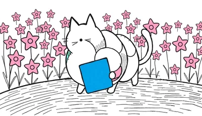 Coloriage d'un chat blanc aux formes arrondies tenant un cube bleu, entouré de fleurs roses en forme d'étoiles et de tiges fines.