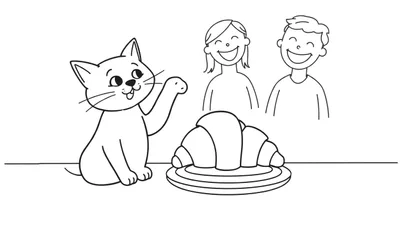 Coloriage d'un chat noir et blanc cherchant un croissant, avec deux personnes joyeuses en arrière-plan.