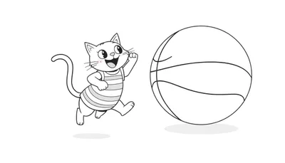 Dessin au trait d'un chat avec un pull rayé jouant au basket-ball, orienté vers la gauche avec une patte levée vers le ballon.