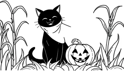 Coloriage d'un chat noir joyeux avec un foulard, assis à cÎté d'une citrouille d'Halloween taillée, entouré de plantes d'automne.