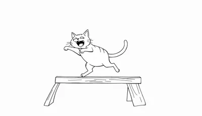 Un chat de dessin animé souriant court sur une poutre.