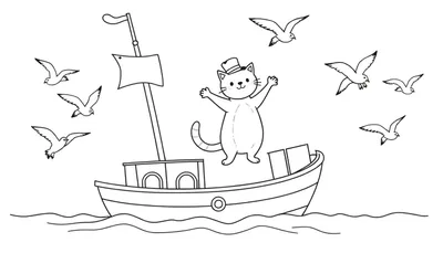 Dessin au trait d'un chat souriant portant un haut-de-forme, debout sur un bateau avec des mouettes volant autour.