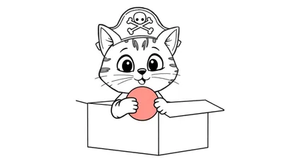 Coloriage d'un chat pirate dans une boîte tenant une balle rose.