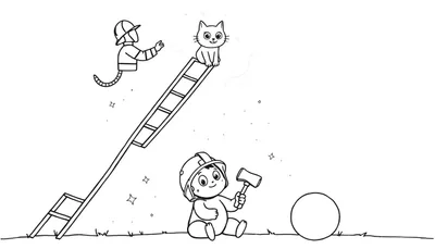 Coloriage d'un chat sur une échelle, d'une personne flottant, d'un bébé avec un casque et un marteau, et d'une grande sphère sur fond d'herbe et de ciel étoilé.