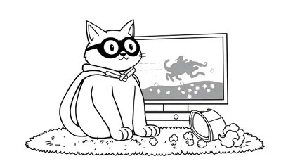 Coloriage d'un chat super-vilain avec des lunettes et une cape, regardant un chien courir à la télévision, avec du popcorn renversé.