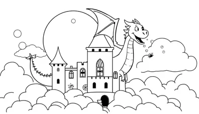 Dessin au trait noir et blanc d'un château de contes de fées avec des tours médiévales, un dragon amical à droite crachant des bulles, une petite mouche, de gros nuages, une grande lune/soleil, trois bulles et une petite fée à gauche.
