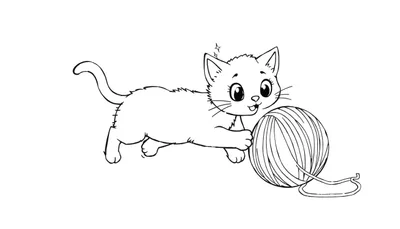 Coloriage d'un chaton joueur se préparant à bondir sur une pelote de laine, avec des grands yeux curieux et un fil qui s'échappe.