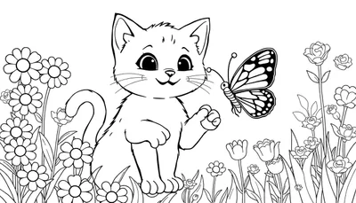 Coloriage d'un chaton assis entouré de fleurs et d'un papillon.