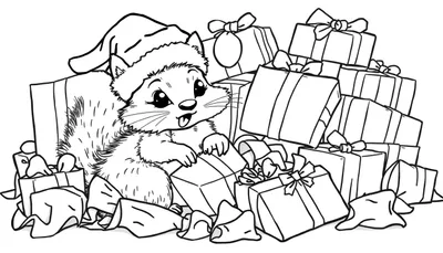 Dessin au trait d'un chaton portant un bonnet de Père Noël, entouré de cadeaux de Noël.