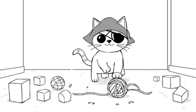 Coloriage d'un chaton pirate mignon avec bandana et cache-œil, assis près de jouets.