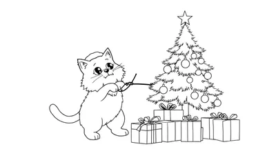 Dessin au trait d'un chaton mignon avec un chapeau jouant avec une ficelle à côté d'un sapin de Noël décoré et de cadeaux.