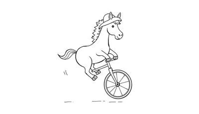 Dessin en noir et blanc d'un cheval souriant faisant du vélo sur un monocycle, avec ses pattes avant sur le guidon et ses pattes arrière en l'air, suggérant le mouvement.
