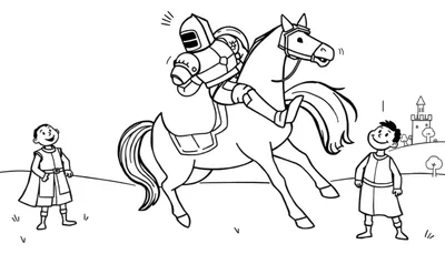 Dessin en noir et blanc d'un coloriage: chevalier en armure sur un cheval galopant, deux garçons regardent, château et arbres en arrière-plan.