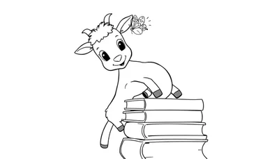 Coloriage d'un jeune chevreau assis sur des livres, avec un papillon volant au-dessus.