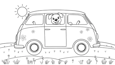 Dessin au trait d'un chien joyeux regardant par la fenêtre avant d'une camionnette décorée de fleurs, la langue dehors, les pattes sur le bord, le véhicule roulant dans l'herbe sous le soleil.