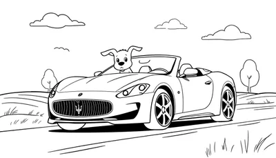 Coloriage d'un chien joyeux dans une voiture décapotable blanche, roulant sur une route de campagne avec des collines et des arbres en arrière-plan.