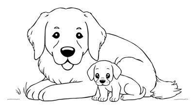 Coloriage d'une grande chienne et d'un chiot, style dessin animé, noir et blanc.