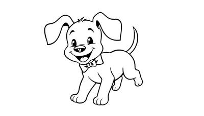 Dessin au trait d'un chiot mignon portant un nœud papillon, prêt à être colorié.