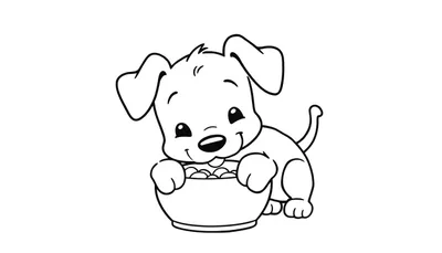 Coloriage d'un chiot avec de grandes oreilles tombantes et un grand sourire, mangeant dans une gamelle.