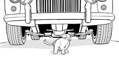Dessin au trait noir et blanc d'un petit chiot poilu regardant sous un gros véhicule.
