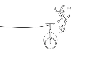 Dessin au trait d'un clown jonglant avec trois bananes sur un monocycle, avec une ligne de funambule en arrière-plan.