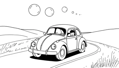 Dessin au trait noir et blanc d'une voiture Volkswagen Coccinelle avec un garçon souriant au volant, sur une route de campagne avec des bulles dans le ciel.