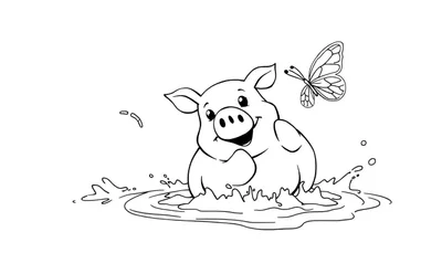 Dessin au trait noir et blanc d'un cochon joyeux éclaboussant dans l'eau, avec un papillon coloré volant au-dessus.