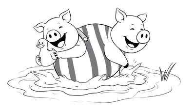 Coloriage de deux cochons mignons jouant dans l'eau, l'un tient un caneton, l'autre éclabousse.