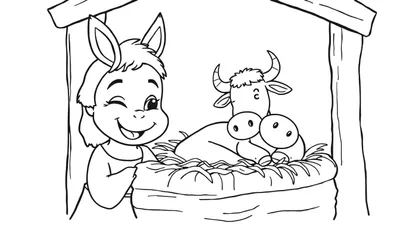 Coloriage d'une crèche de Noël avec un bébé âne qui fait un clin d'œil et un petit veau couché dans la paille.