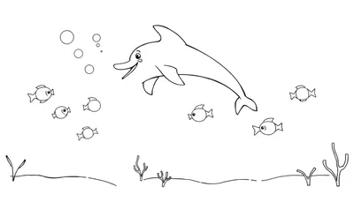Coloriage d'un dauphin souriant nageant dans l'océan avec des poissons et des bulles.
