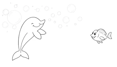 Dessin au trait d'un dauphin et d'un poisson souriants sous l'eau, avec des bulles.
