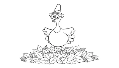 Coloriage d'une dinde habillée en pèlerin au milieu de feuilles d'automne.