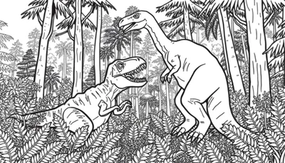 Coloriage d'un T-Rex et d'un dinosaure au long cou se faisant face dans une jungle préhistorique.