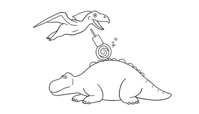 Coloriage d'un dinosaure couché et d'un ptérosaure volant avec une sucette.