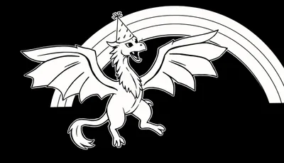 Dessin noir et blanc d'un dragon avec un chapeau de fête, ailes déployées, devant un arc-en-ciel stylisé.