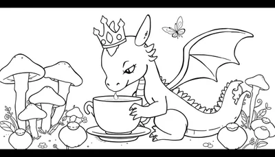 Coloriage d'un petit dragon avec une couronne buvant du thé, entouré de champignons, de baies, d'une fleur et d'un papillon.