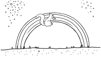Image de coloriage d'un écureuil blanc sautant sur un arc-en-ciel, avec un sol décoré et des étoiles et cercles dans le ciel.