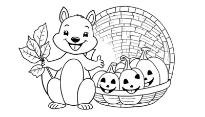 Coloriage d'un écureuil souriant faisant un signe de pouce levé, à côté d'un panier rempli de citrouilles d'Halloween décorées.